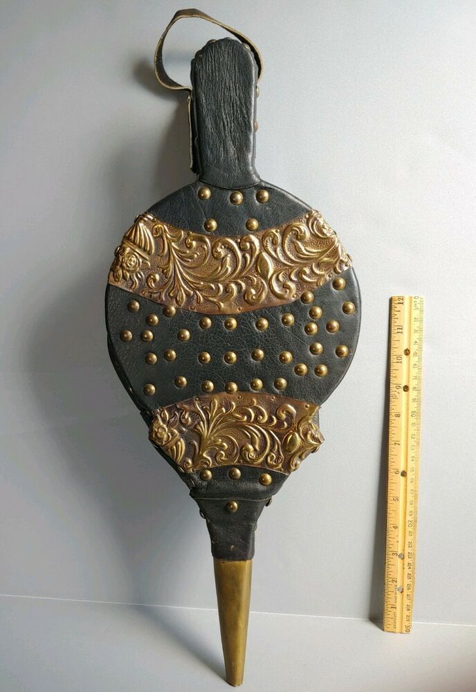 Fireplace Bellow Inspirational Vintage Antique Black Leather ornate Hammered Brass Nail