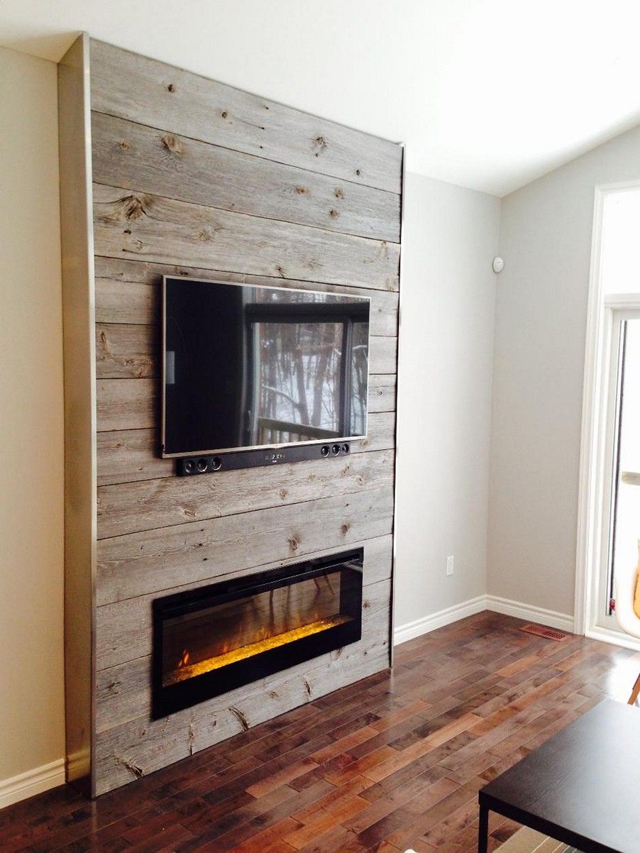 Two Sided Electric Fireplace New Plank Accent Wall Living Room