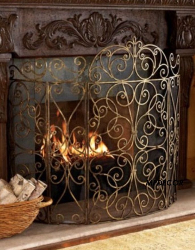 French Scroll Old World Antique Gold Iron Fireplace Screen 5 Panel 62"W s l1600