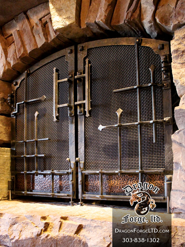 Fireplace Doors Custom Architectural Ironwork Blacksmith Great Northern Lodge modern rustic blacksmith fireplace doors