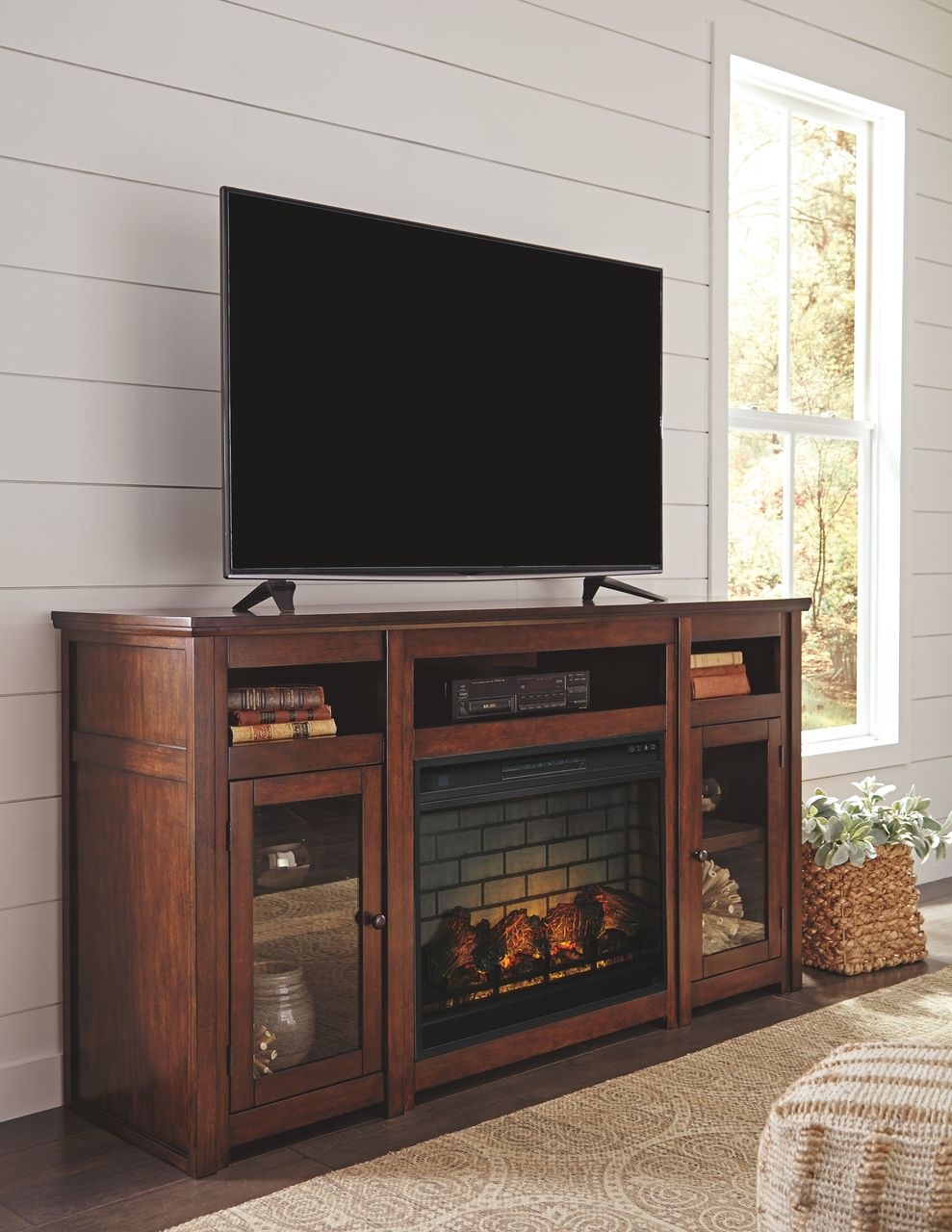 Ashley Fireplace Tv Stand Awesome ashley Harpan Reddish Brown Xl Tv Stand with Lg Fireplace Insert Infrared