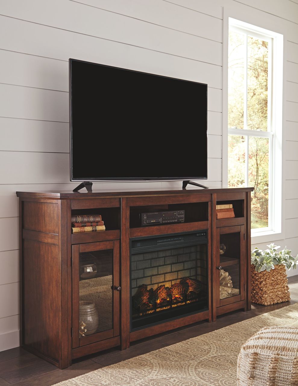 Ashley Harpan Reddish Brown XL TV Stand with LG Fireplace Insert Infrared