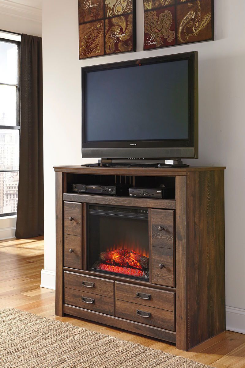 Ashley Fireplace Tv Stand Inspirational Quinden Dark Brown Media Chest with Glass Stone Fireplace Insert