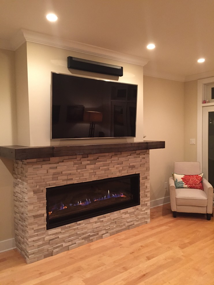 Linear Gas Fireplace with Reclaimed Wood Mantle and home design