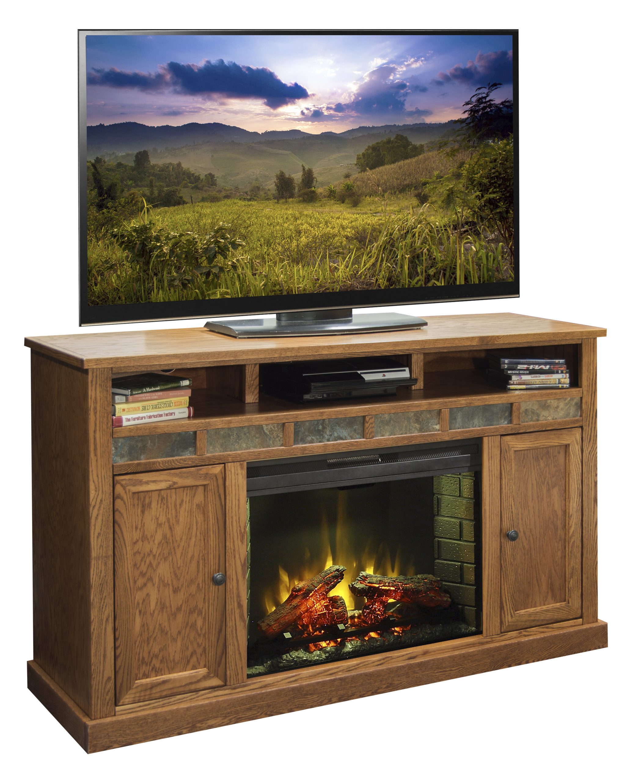 legends furniture oak creek tv stand for tvs up to 70 with electric fireplace included lfn1822