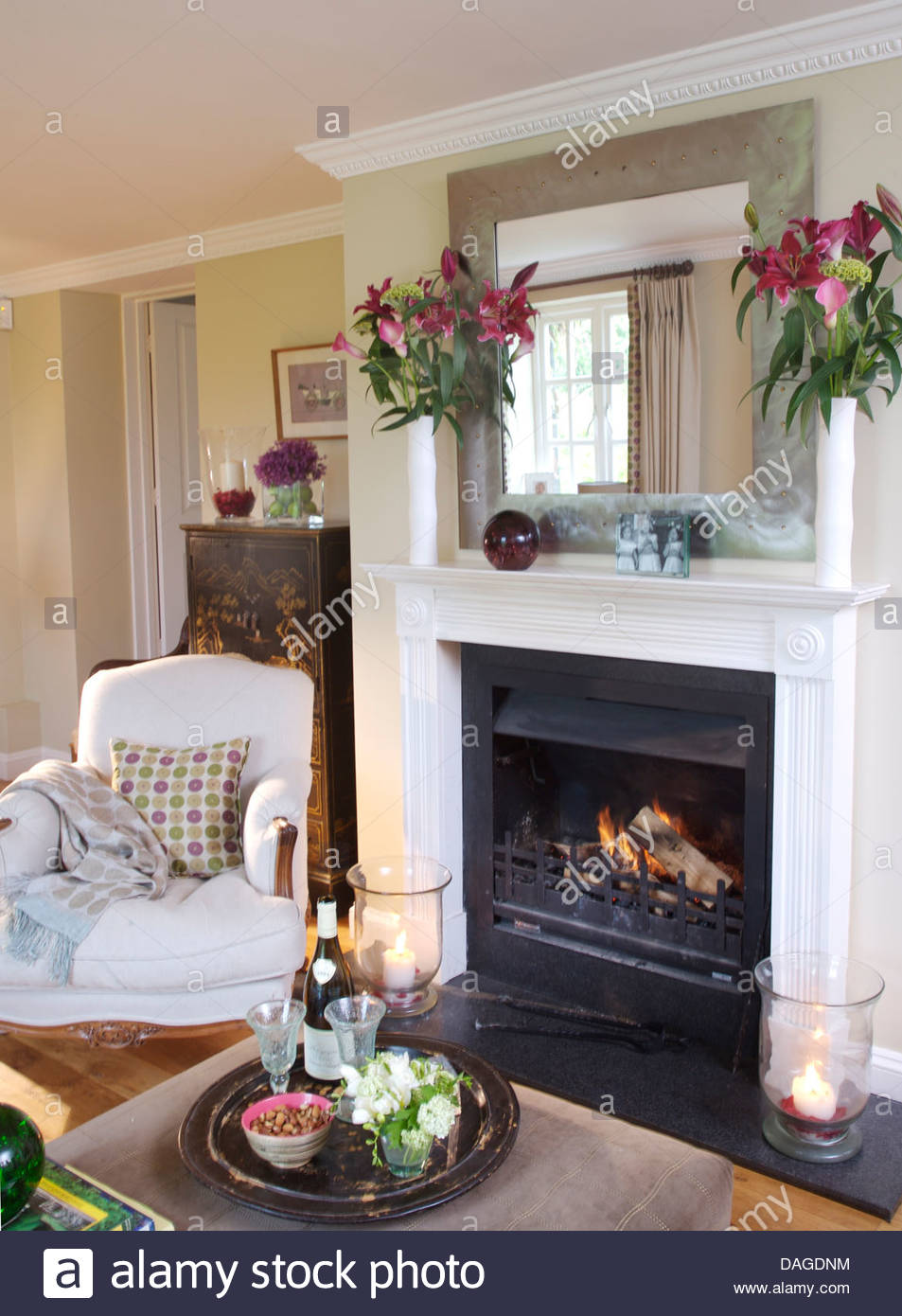 Fireplace Tray Fresh White Armchair Beside Fireplace with Lit Fire In Country