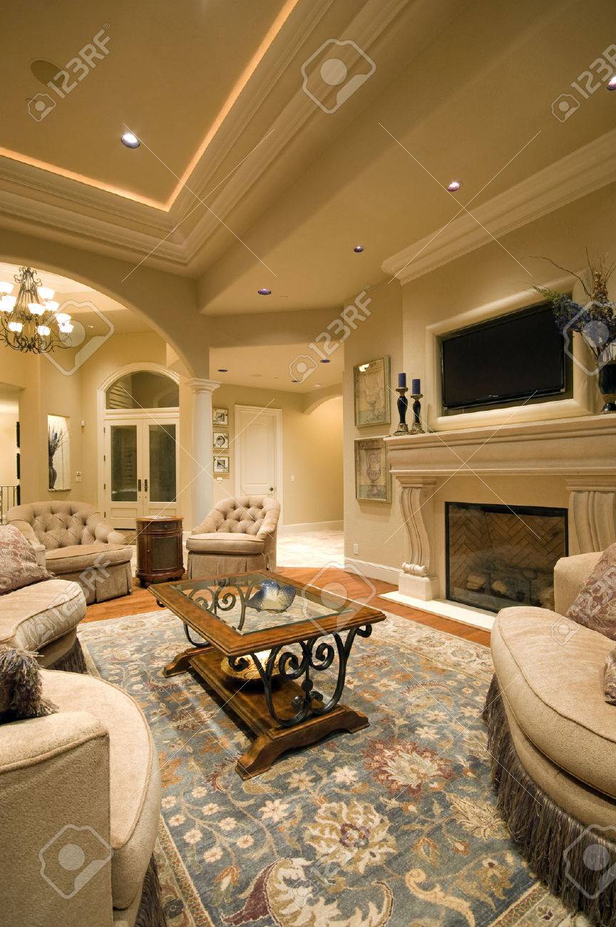 photo living room interior in new luxury home with fireplace rug tray ceiling and elegant features