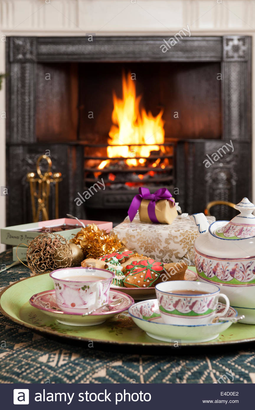 stock photo 19c hand painted lustre porcelain tea set tray with christmas biscuits