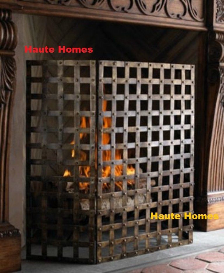 NEW Horchow FRENCH 3 Panel ANTIQUE WOVEN BRASS NAIL HEAD IRON Fireplace Screen s l1600
