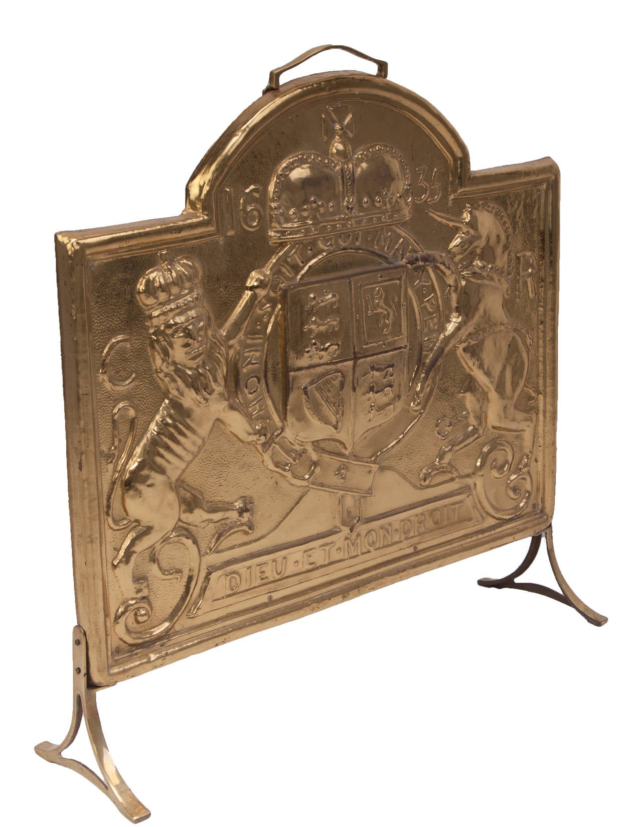 Antiqued Brass Fireplace Screen Unique British Royal Coat Of Arms Hammered Brass Fire Screen at 1stdibs