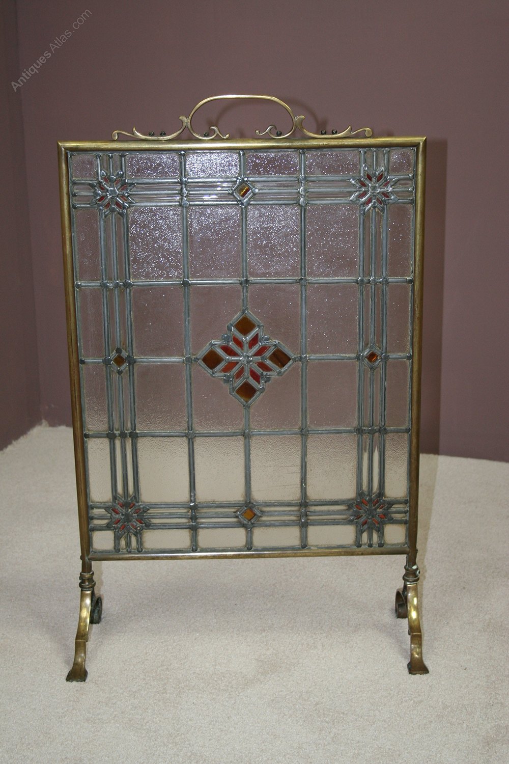 Edwardian Leaded Glass & Brass Framed Fire Screen as821a038