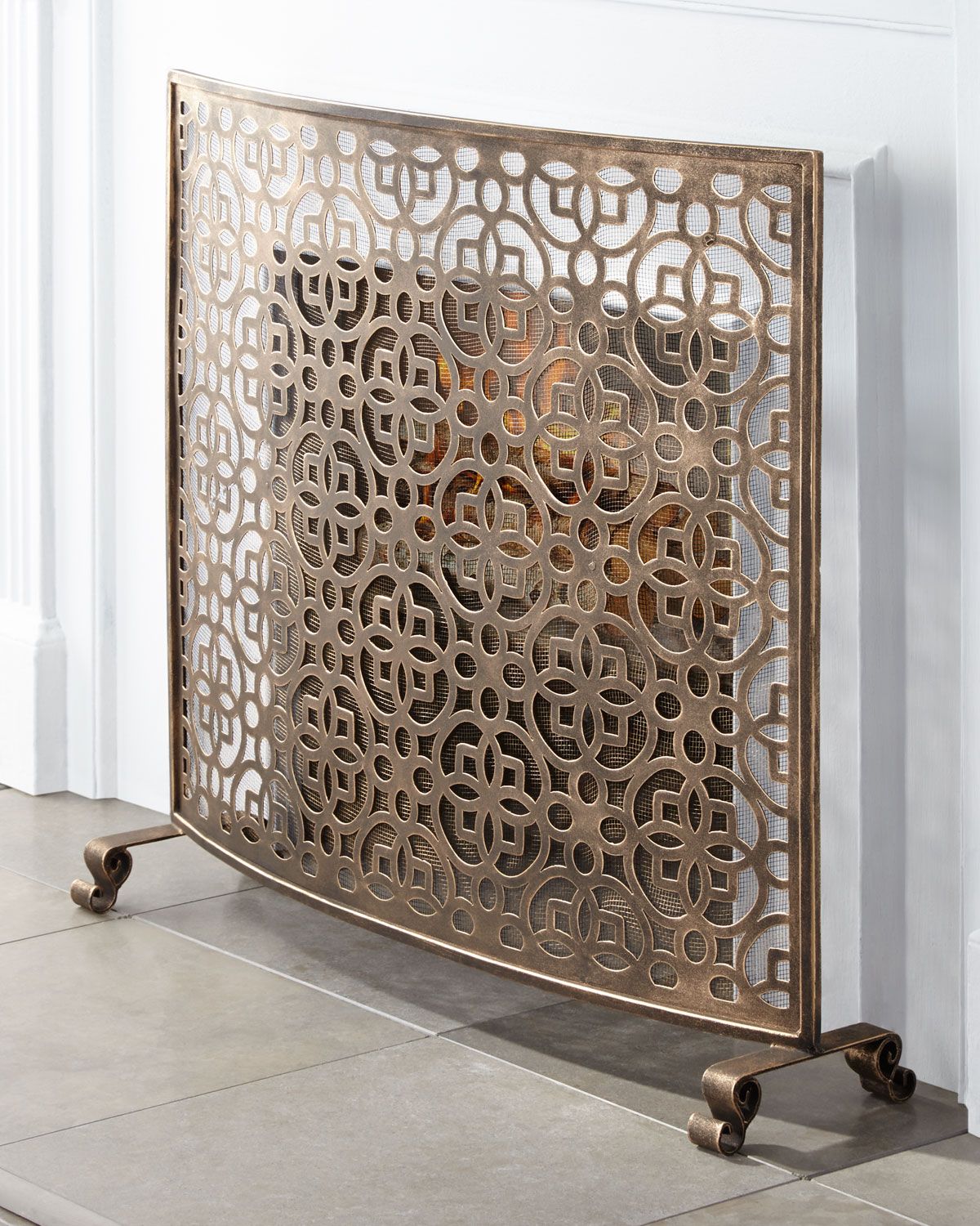 Antiqued Brass Fireplace Screen Unique Light Burnished Gold Iron Ge