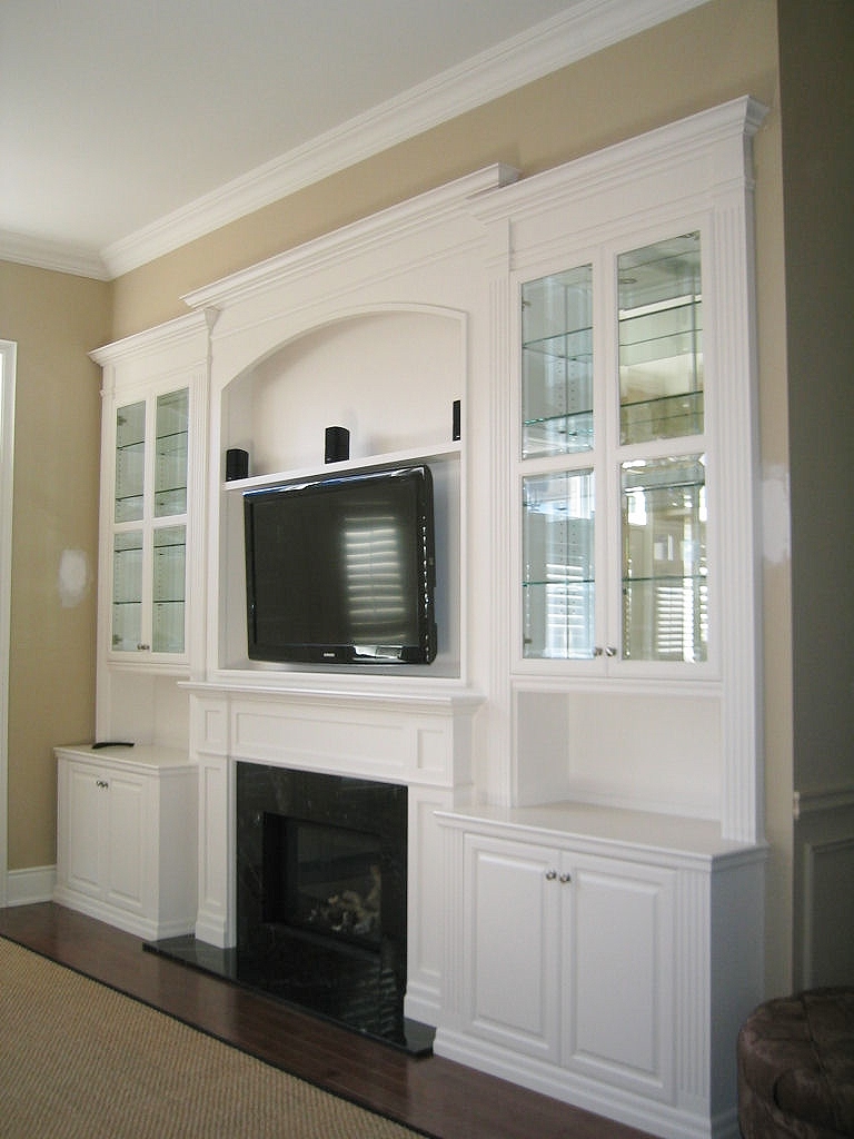 Reeces Fine Interiors and Woodworking White Lacquer Wall Unit with TV & Fireplace Inserts