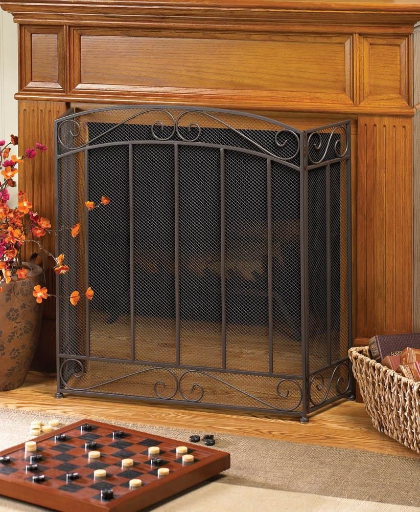 Wayfair Fireplace Screen Unique Black Iron Scrollwork Folding 3 Panel Hearth Mesh Fire